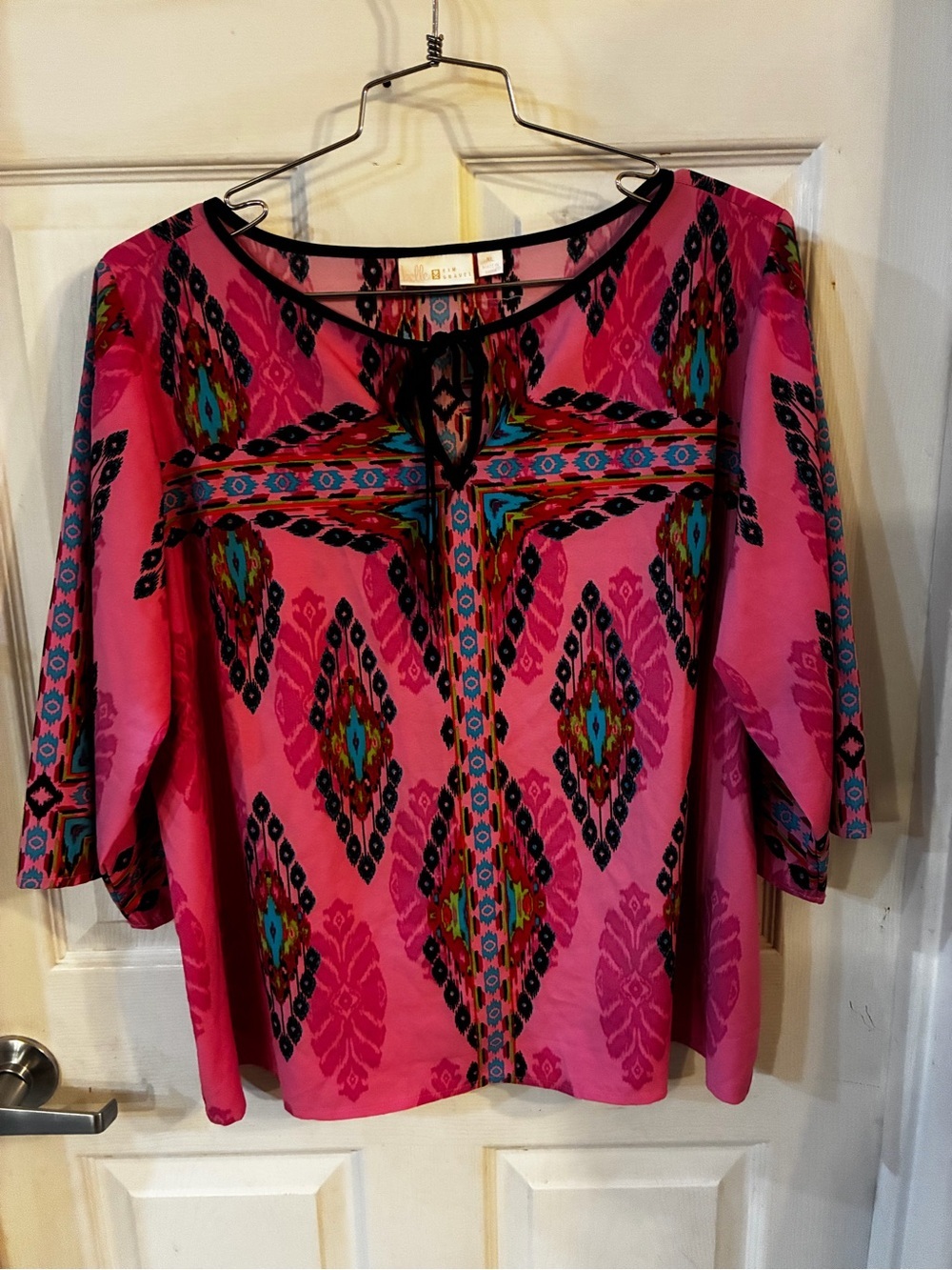 belle Kim Gravel Pink Geometric Print Tunic with Teal Accents, Size: XL